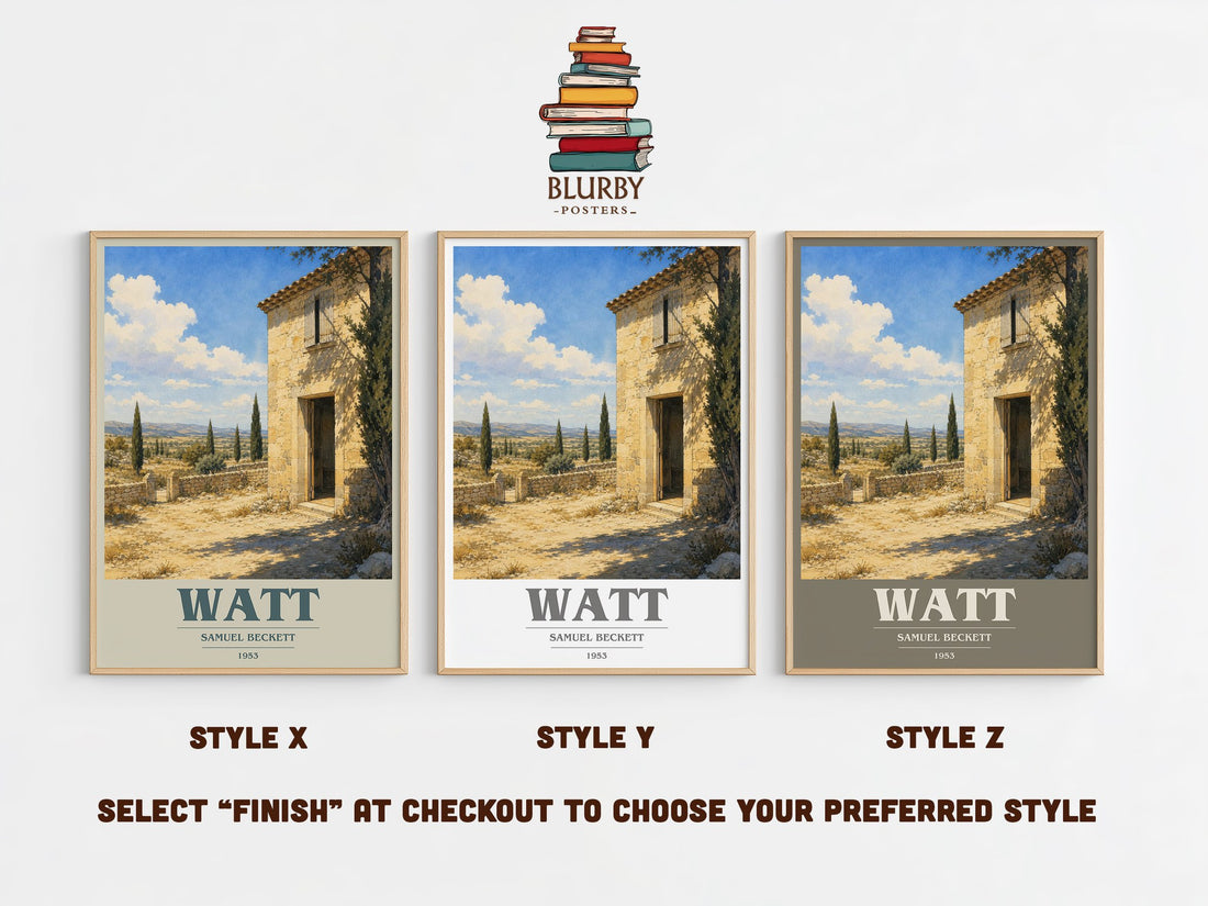 Watt book cover print in frame leaning in hallway – literary fiction wall art (mockup)
