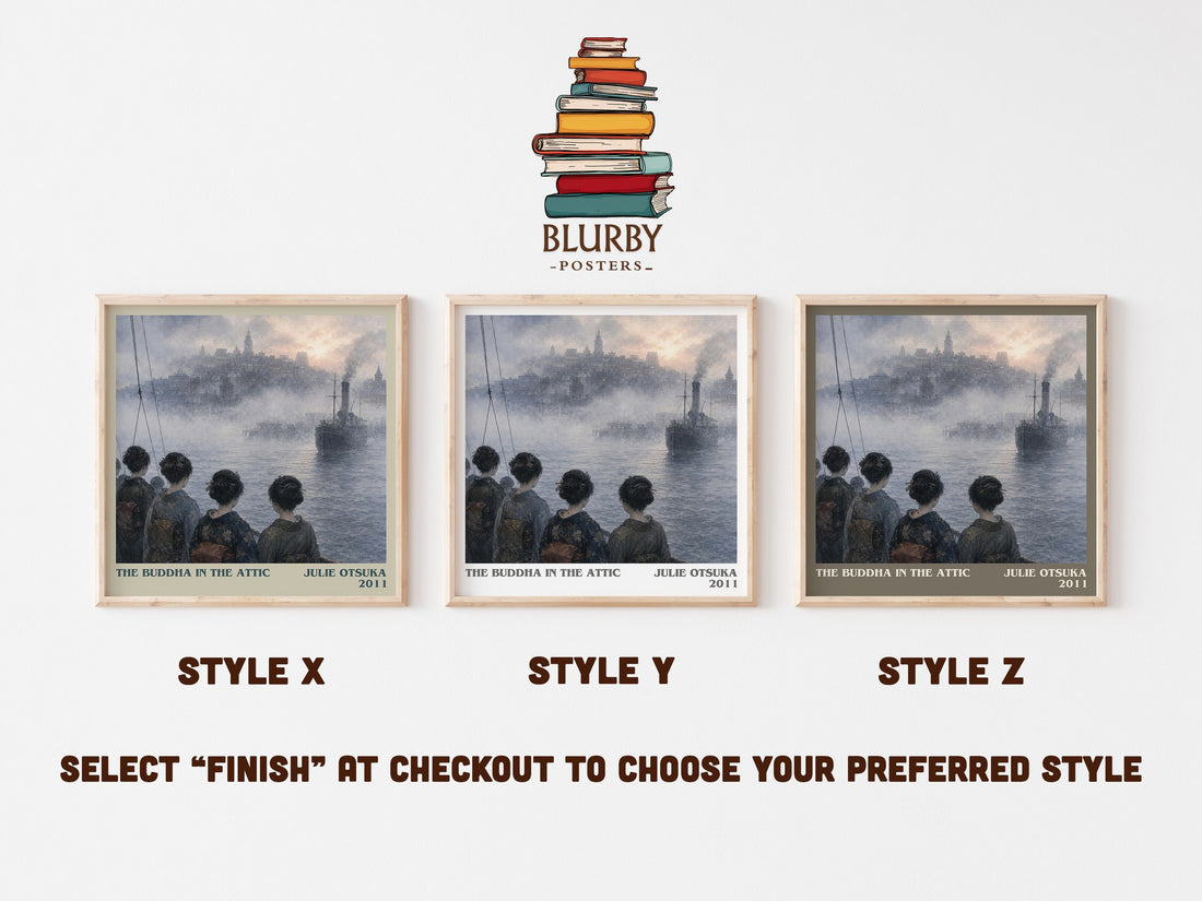 The Buddha in the Attic literary print in frame leaning in hallway – literary fiction wall art (mockup)