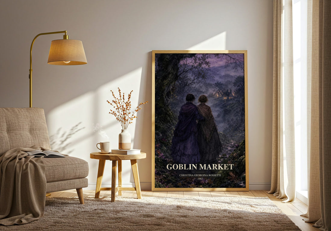 Goblin Market watercolour print in frame leaning in hallway – poetry wall art