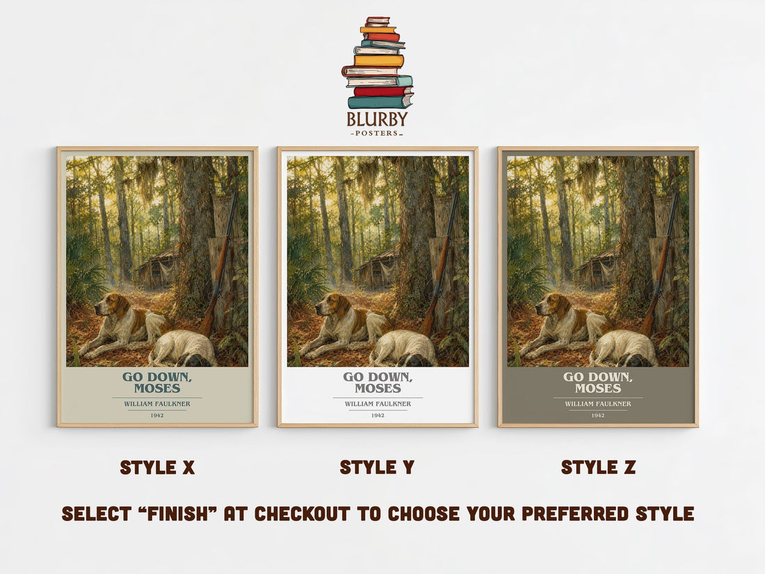Go Down, Moses book cover print in frame leaning in hallway – literary fiction wall art (mockup)