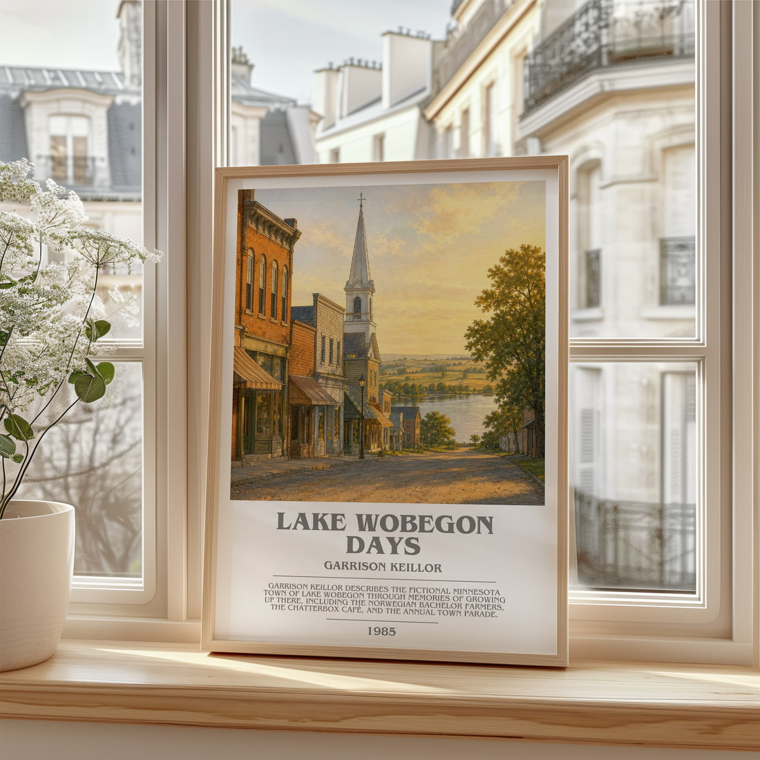 Lake Wobegon Days Bookish Wall Art by Garrison Keillor – framed print by a bright window