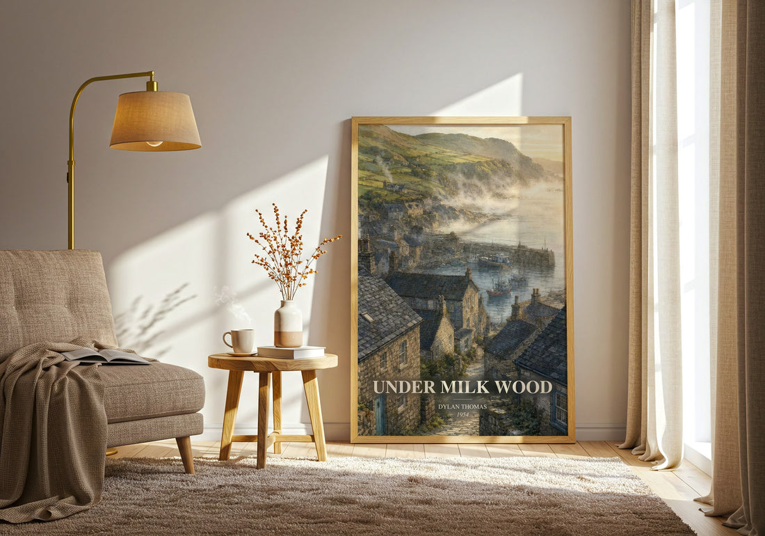 Under Milk Wood watercolour print in frame leaning in hallway – poetry wall art