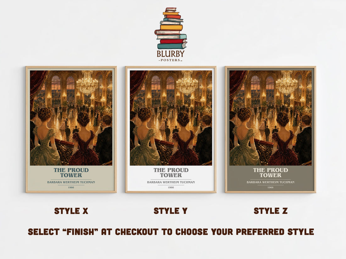 The Proud Tower book cover print in frame leaning in hallway – non fiction wall art (mockup)