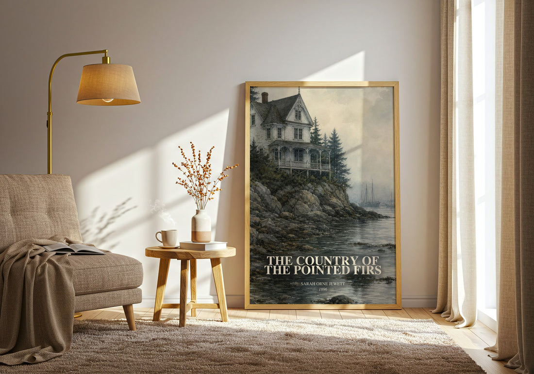 The Country of the Pointed Firs watercolour print in frame leaning in hallway – literary fiction wall art