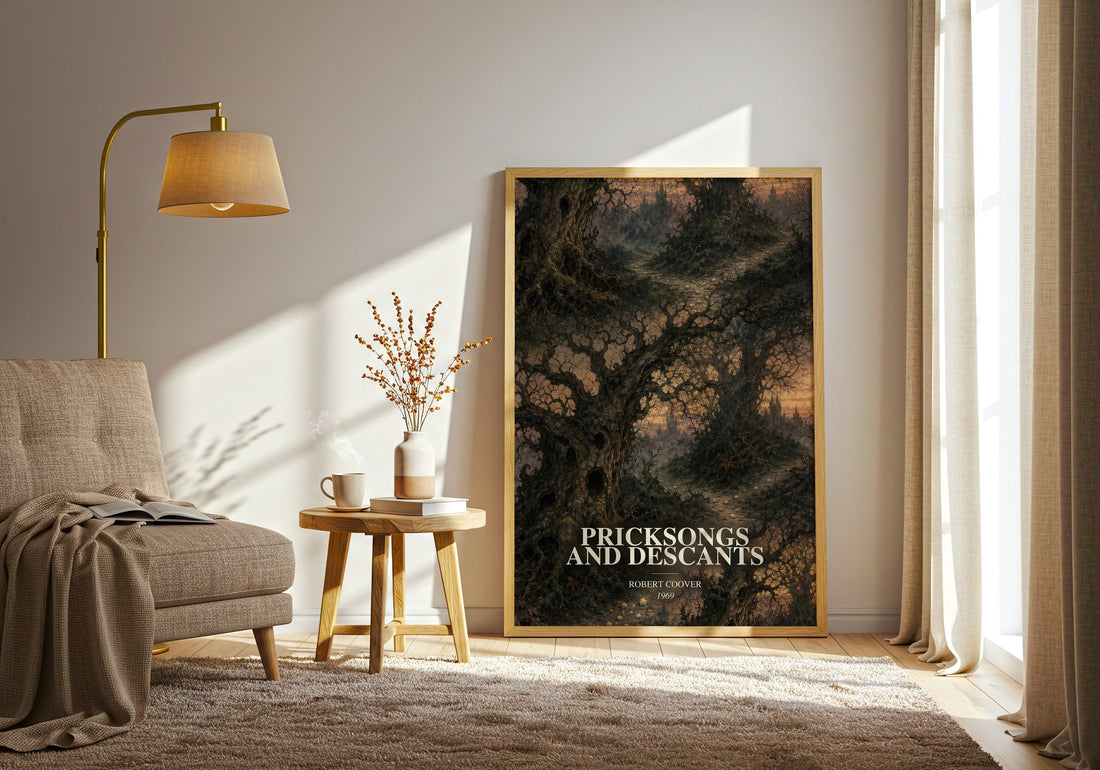 Pricksongs and Descants watercolour print in frame leaning in hallway – literary fiction wall art