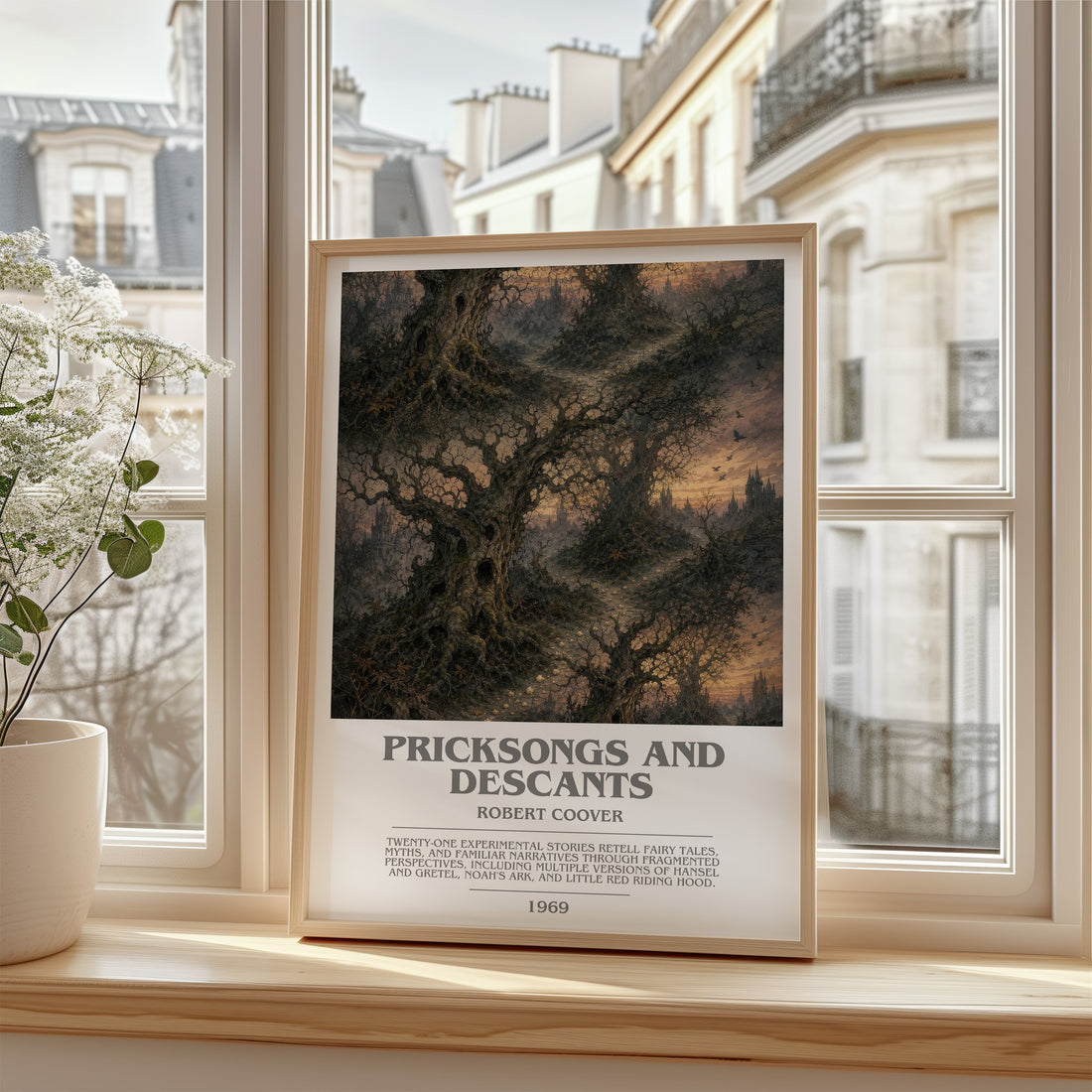 Pricksongs and Descants Bookish Wall Art by Robert Coover – framed print by a bright window