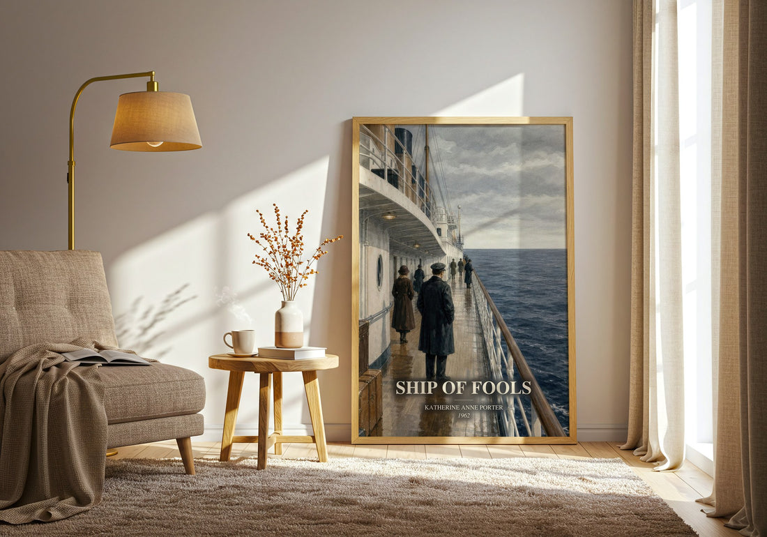 Ship Of Fools watercolour print in frame leaning in hallway – literary fiction wall art
