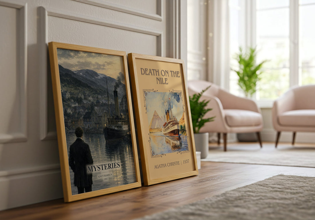 Mysteries watercolour print framed by window – literary home decor