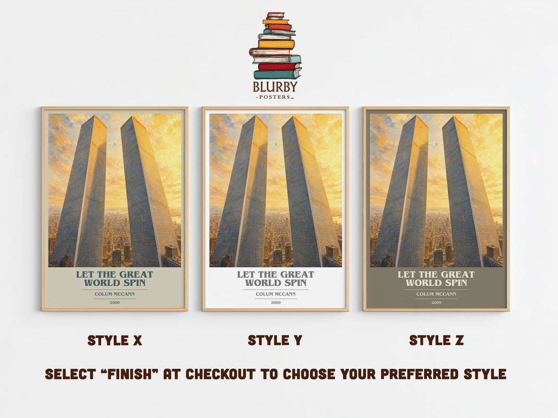 Let the Great World Spin book cover print in frame leaning in hallway – literary fiction wall art (mockup)