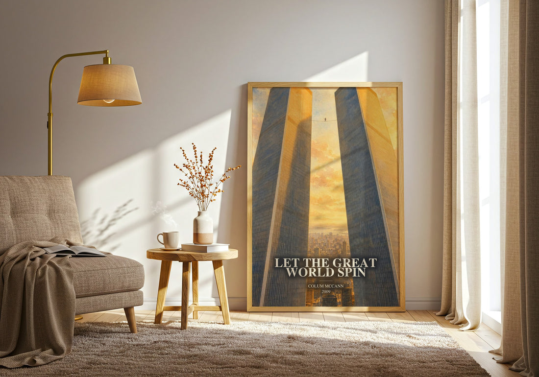 Let the Great World Spin watercolour print in frame leaning in hallway – literary fiction wall art