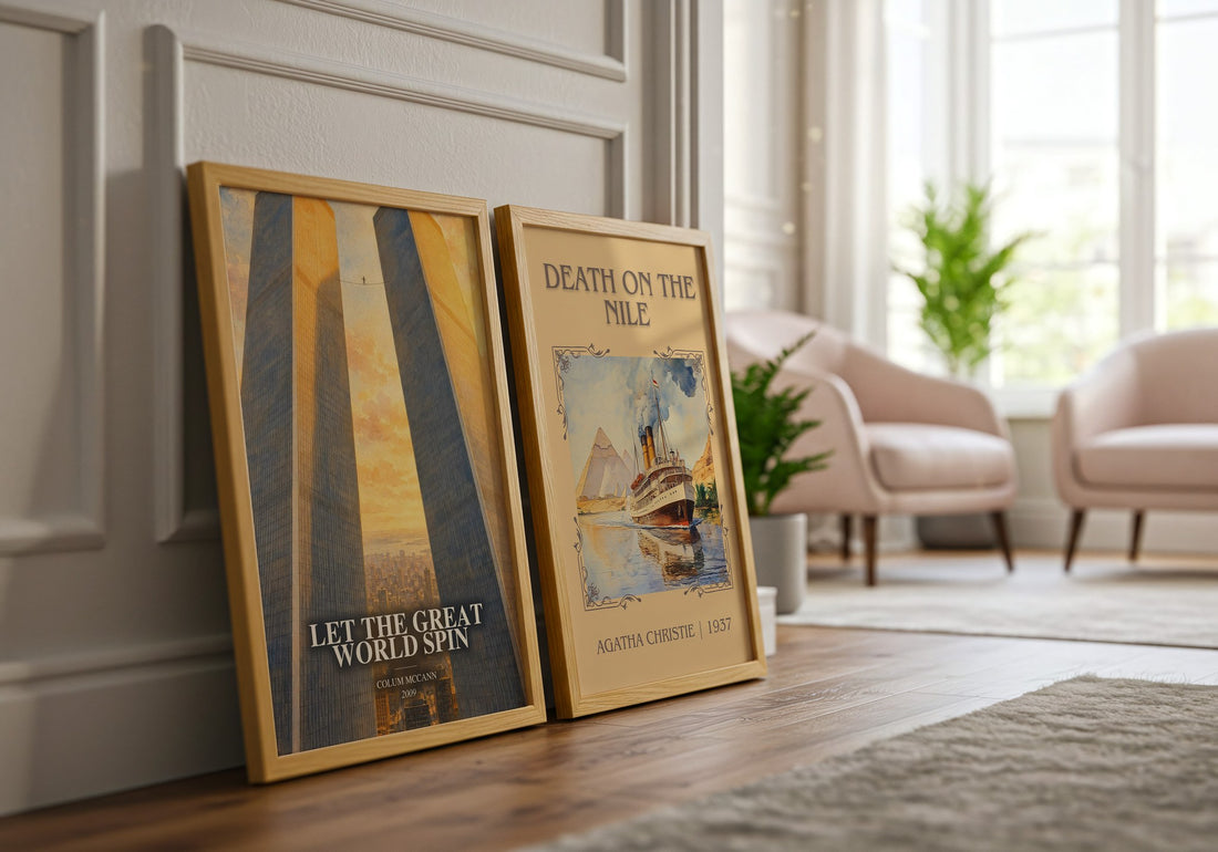 Let the Great World Spin watercolour print framed by window – literary home decor