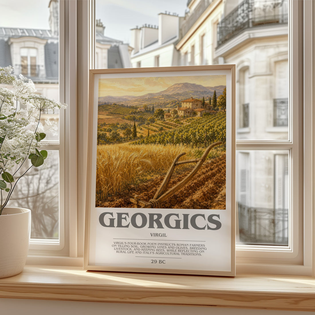 Georgics bookish print in frame leaning in hallway – poetry wall art