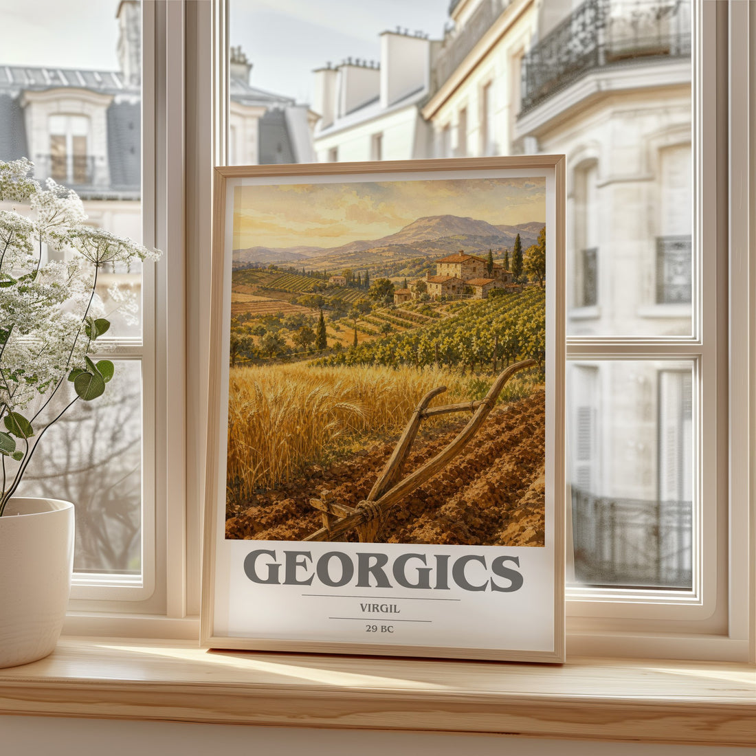 Georgics book cover print in frame leaning in hallway – poetry wall art