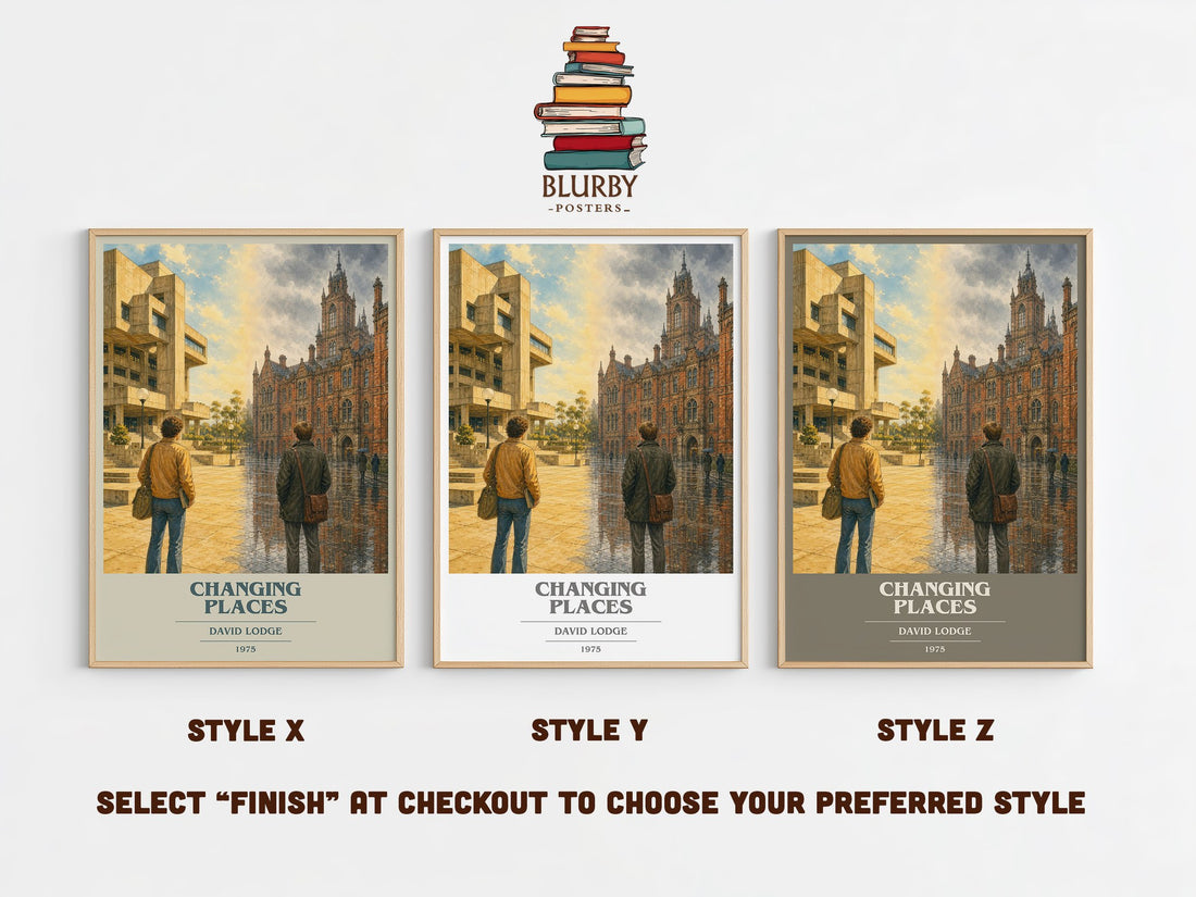 Changing Places book cover print in frame leaning in hallway – satire wall art (mockup)