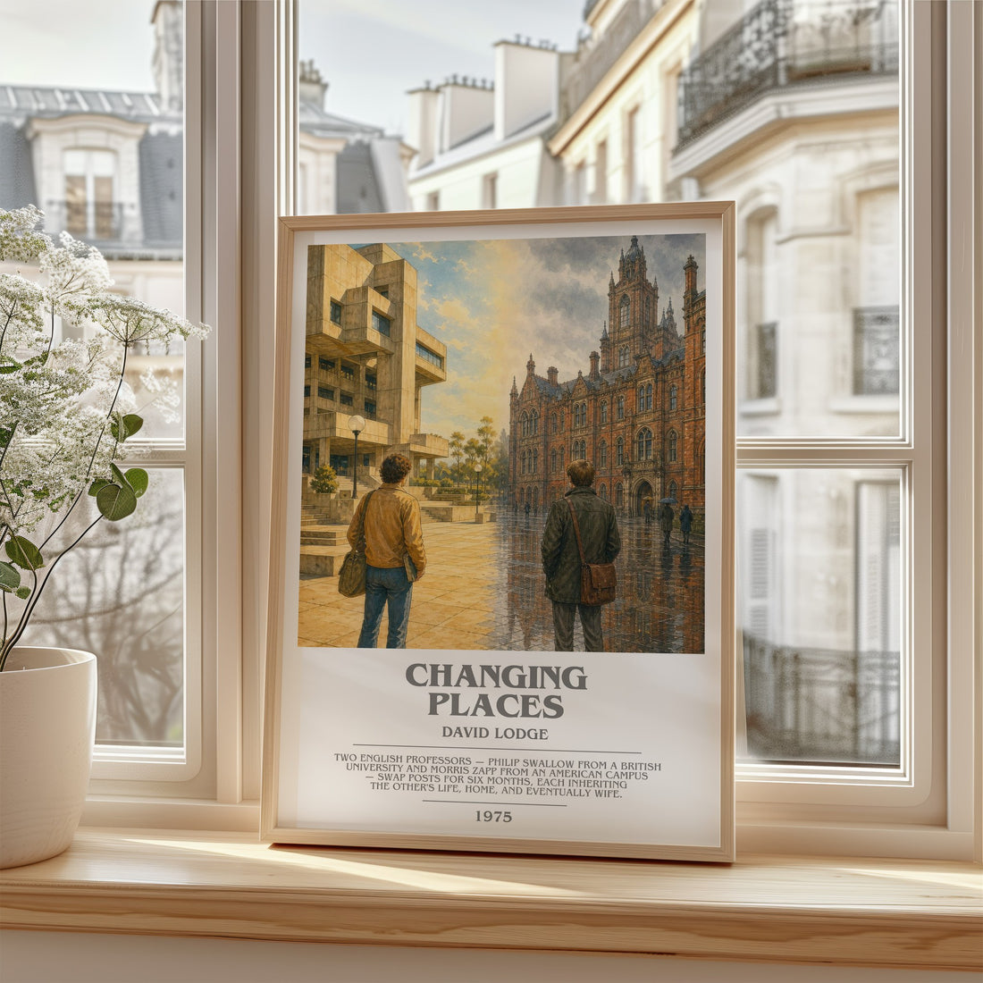 Changing Places Bookish Wall Art by David Lodge – framed print by a bright window