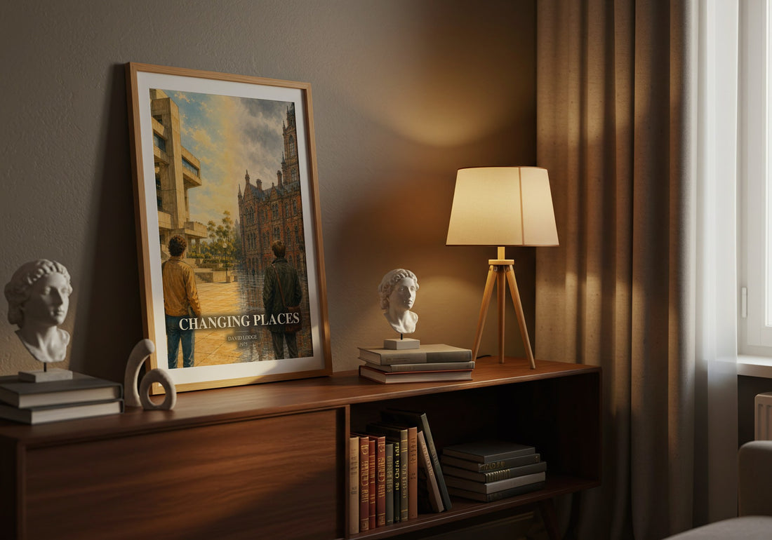 Changing Places watercolour print on bookshelf – David Lodge fan gift