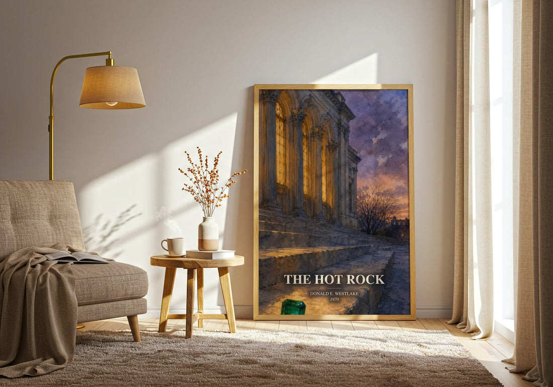The Hot Rock watercolour print in frame leaning in hallway – crime wall art
