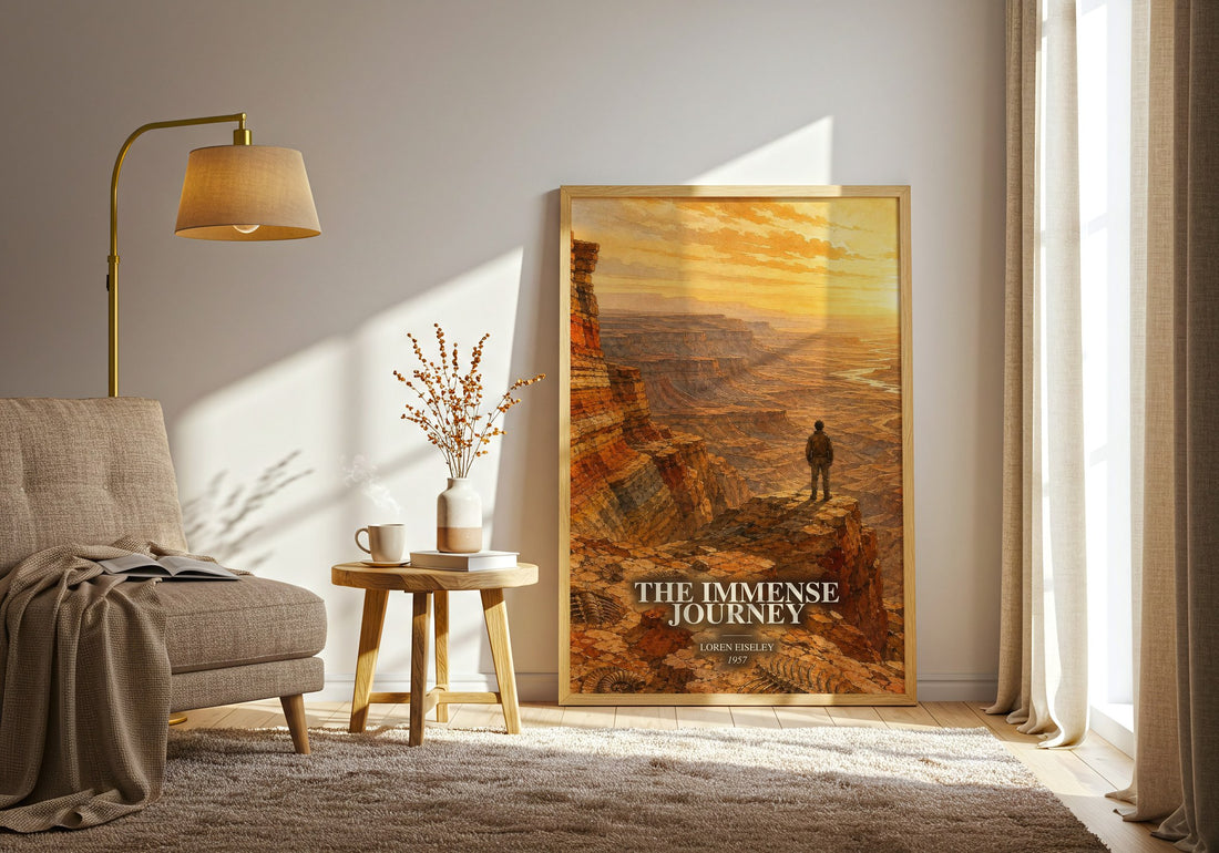 The Immense Journey watercolour print in frame leaning in hallway – non fiction wall art
