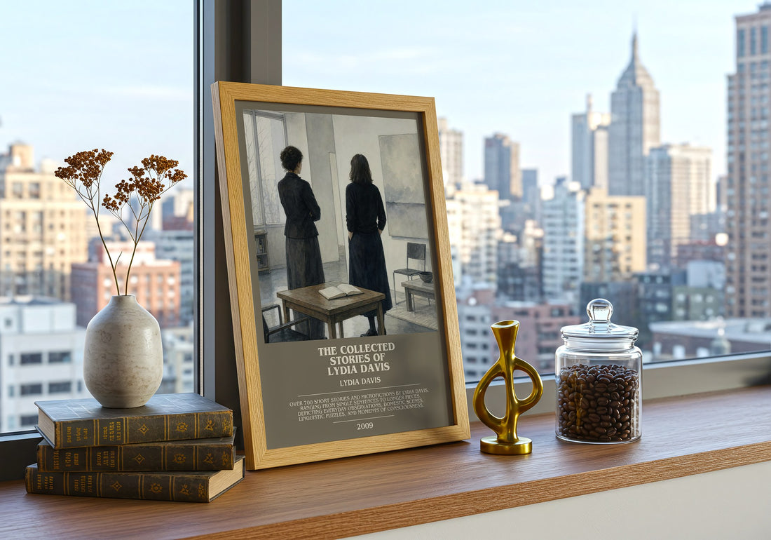 The Collected Stories Of Lydia Davis Bookish Wall Art by Lydia Davis – framed print on a city-view windowsill