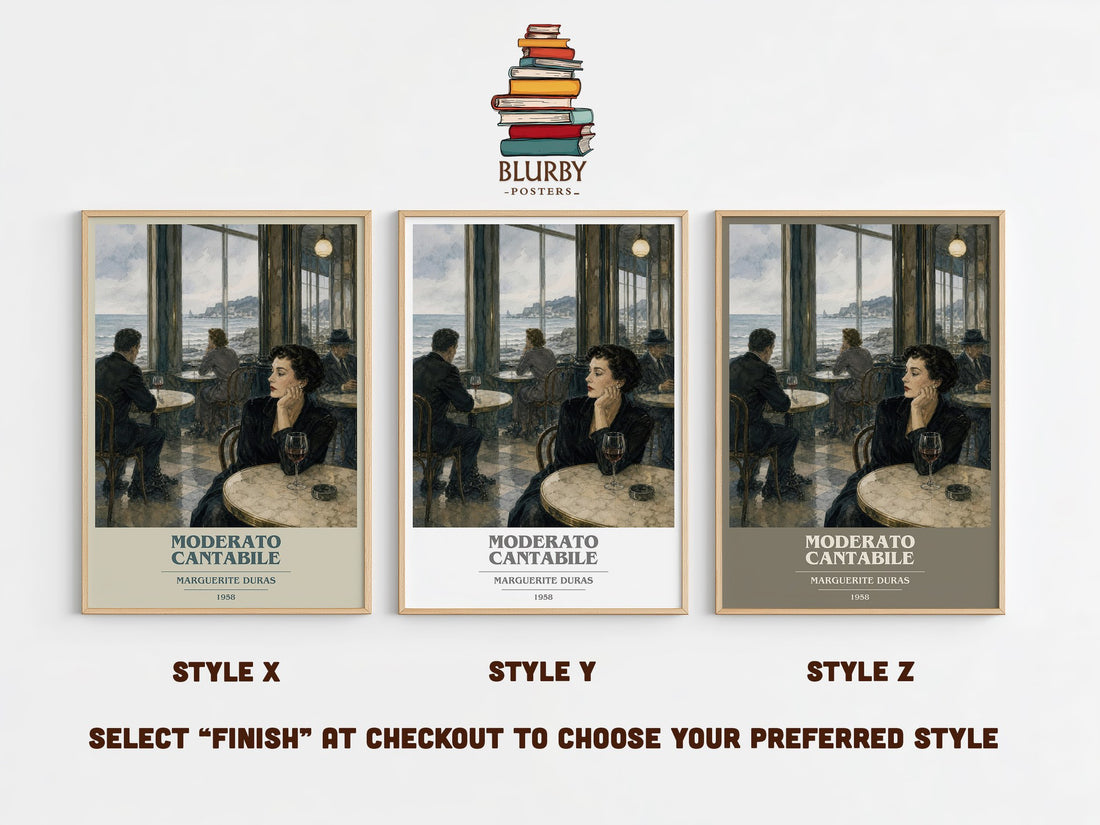 Moderato Cantabile book cover print in frame leaning in hallway – literary fiction wall art (mockup)