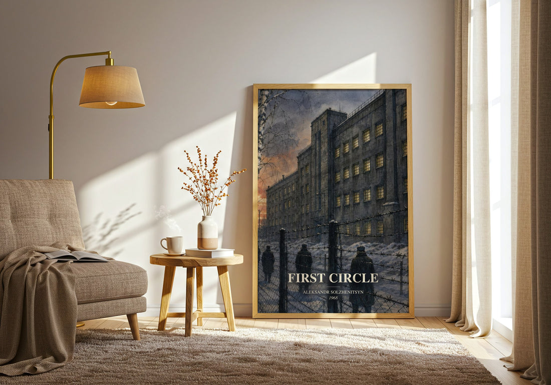 First Circle watercolour print in frame leaning in hallway – literary fiction wall art
