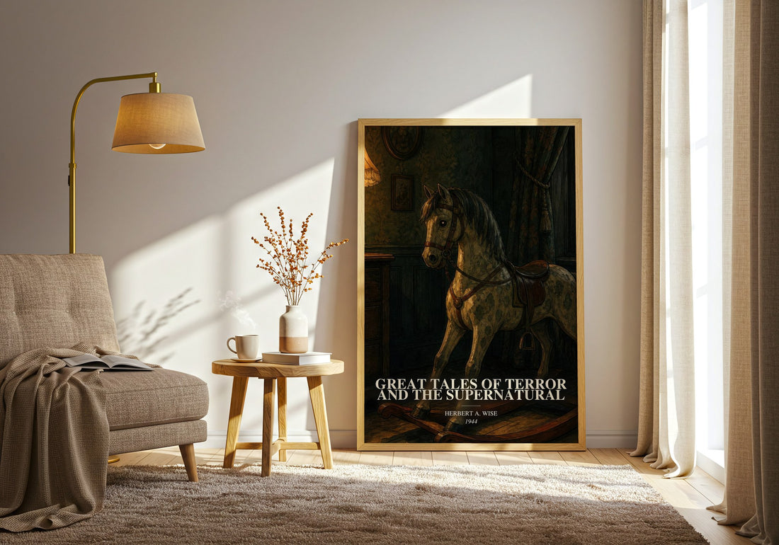 Great Tales Of Terror And The Supernatural watercolour print in frame leaning in hallway – horror wall art