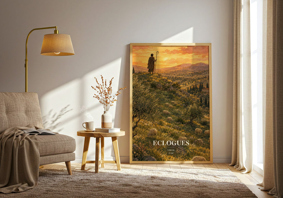 Eclogues watercolour print in frame leaning in hallway – poetry wall art