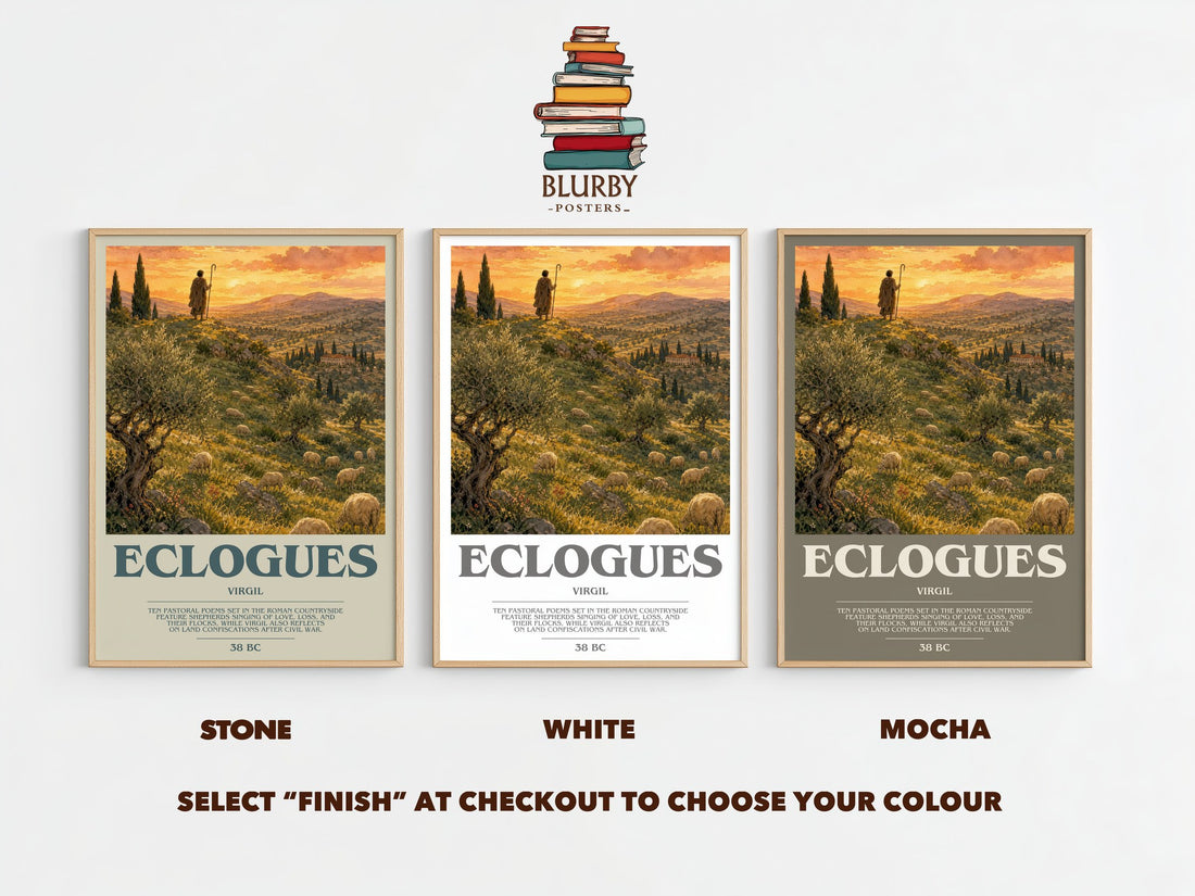 Eclogues bookish print framed by window – Stone, White and Mocha side by side – choose your colour