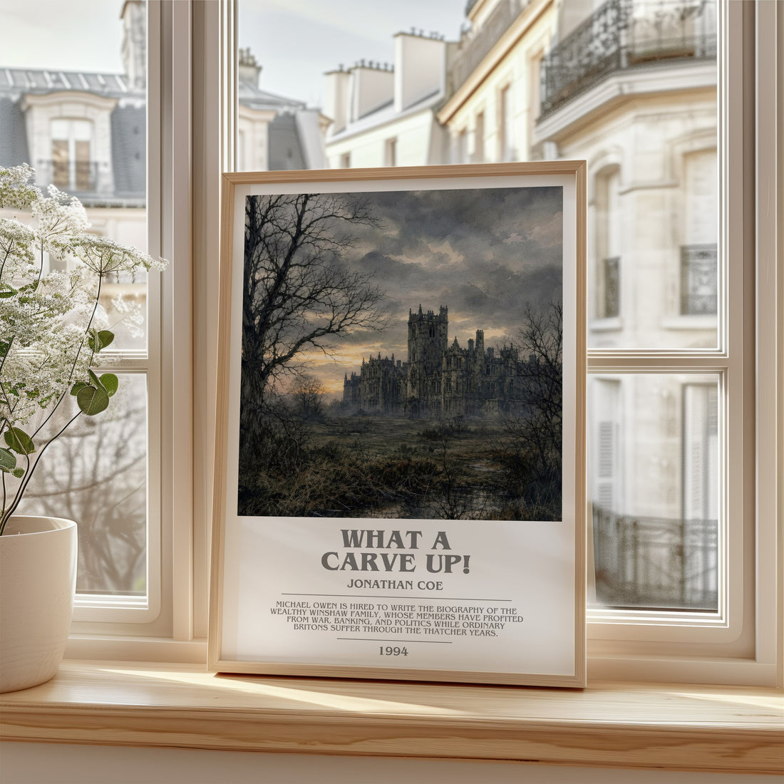 What a Carve Up! Bookish Wall Art by Jonathan Coe – framed print by a bright window