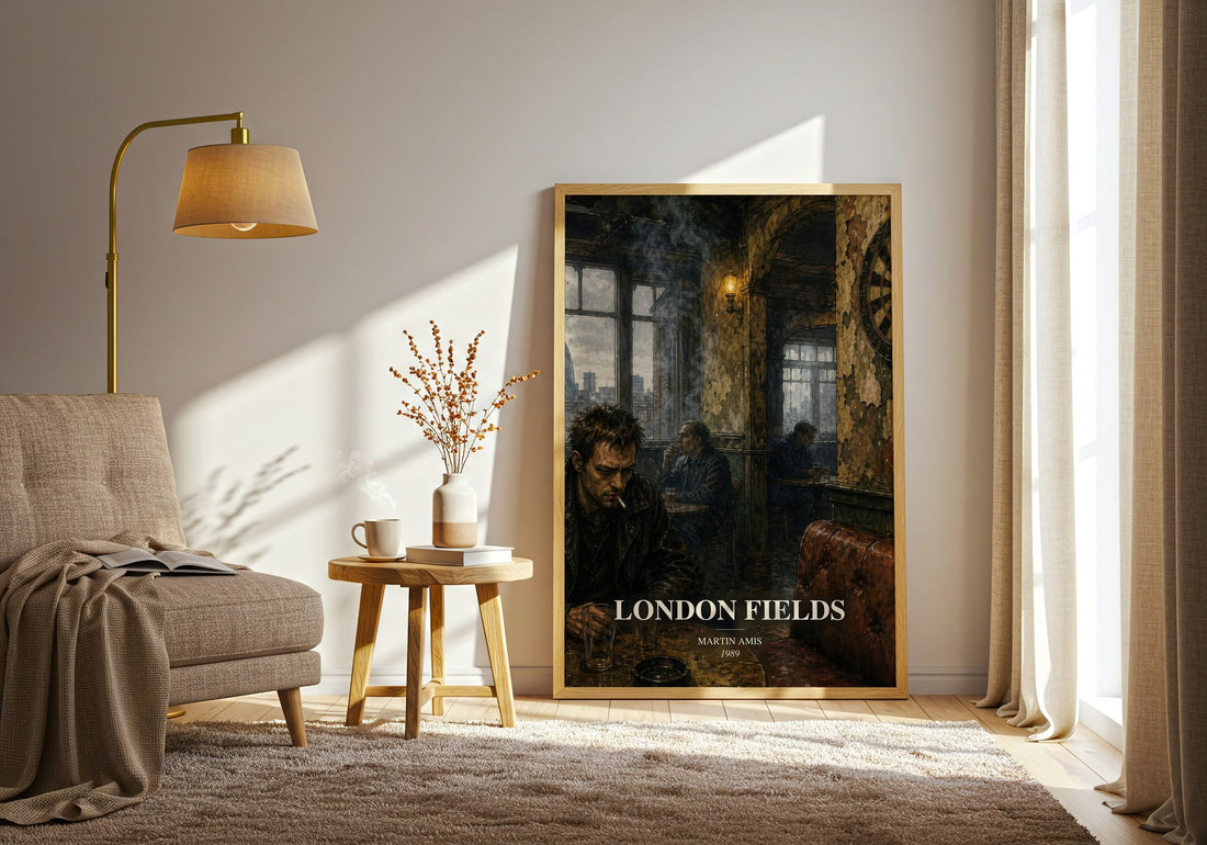 London Fields watercolour print in frame leaning in hallway – literary fiction wall art