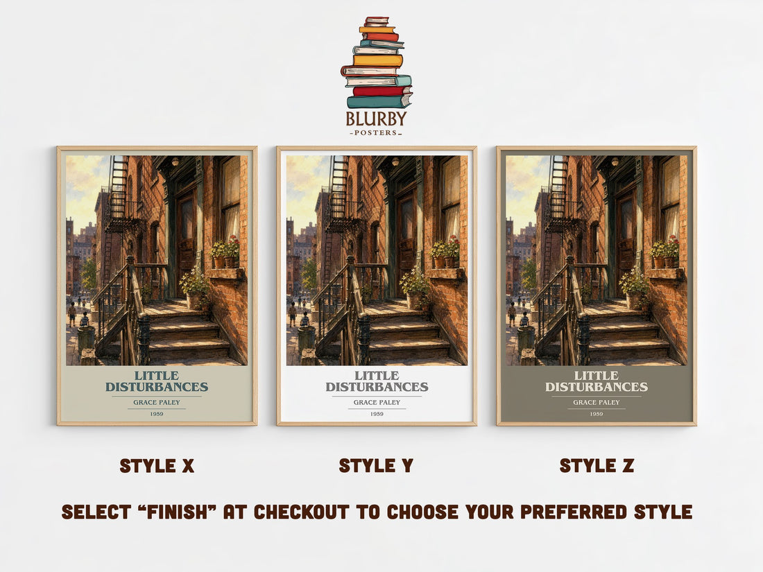 Little Disturbances book cover print in frame leaning in hallway – literary fiction wall art (mockup)