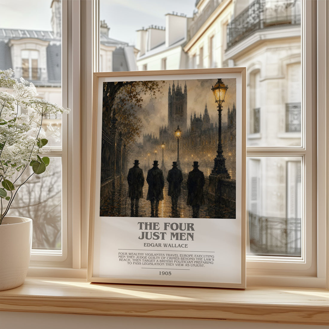 The Four Just Men Bookish Wall Art by Edgar Wallace – framed print by a bright window