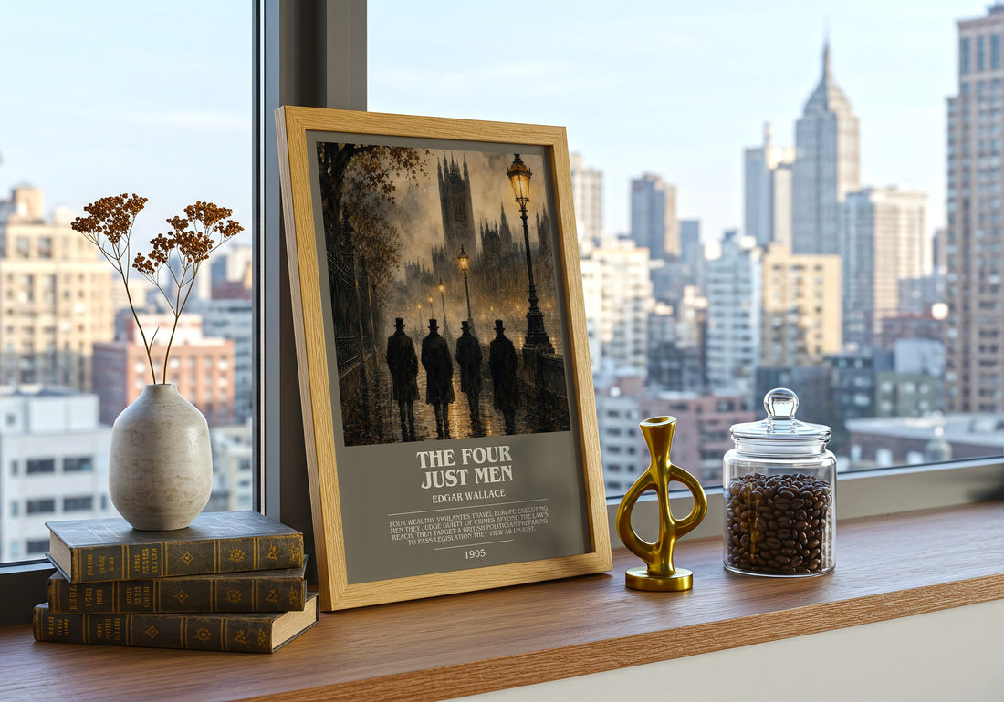 The Four Just Men Bookish Wall Art by Edgar Wallace – framed print on a city-view windowsill