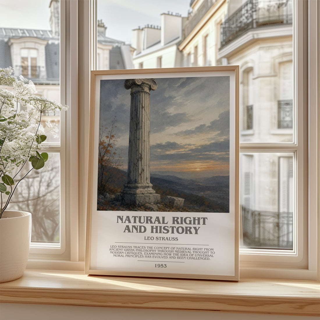 Natural Right and History Bookish Wall Art by Leo Strauss – framed print by a bright window