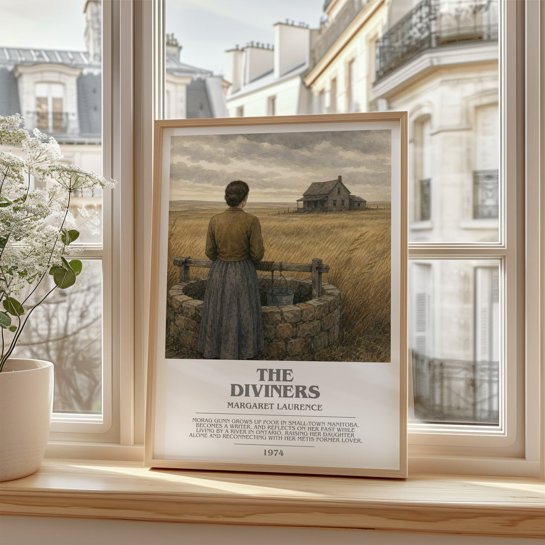 The Diviners Bookish Wall Art by Margaret Laurence – framed print by a bright window