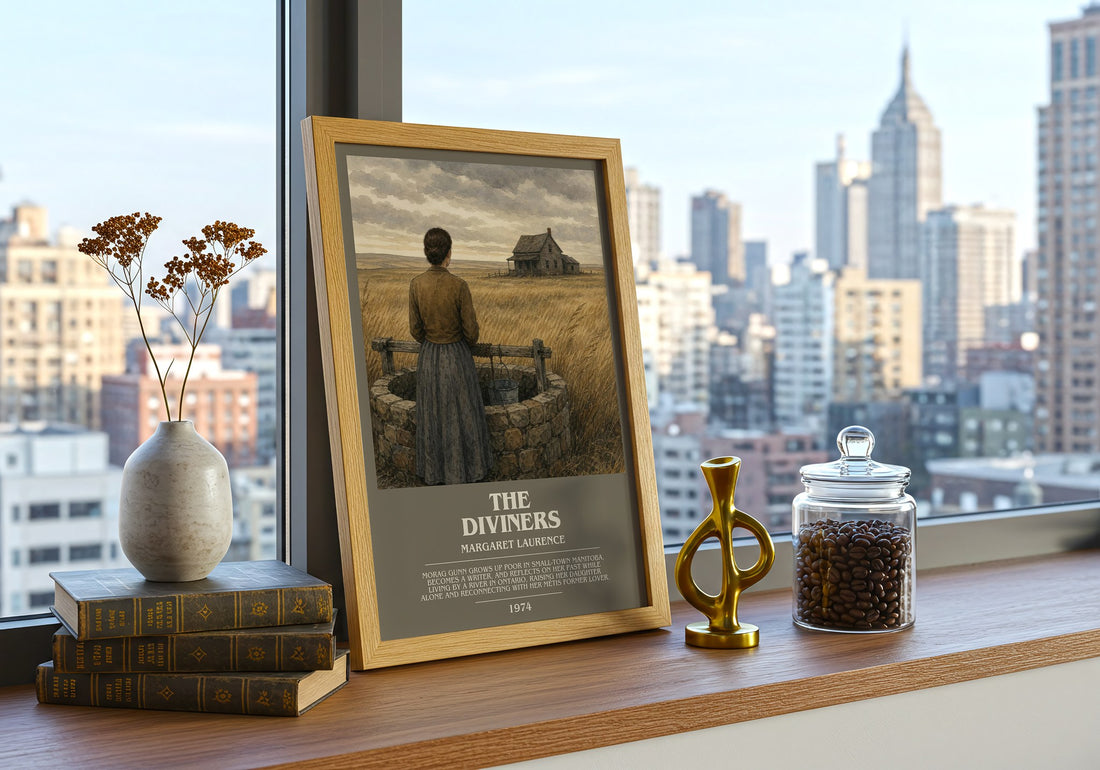 The Diviners Bookish Wall Art by Margaret Laurence – framed print on a city-view windowsill
