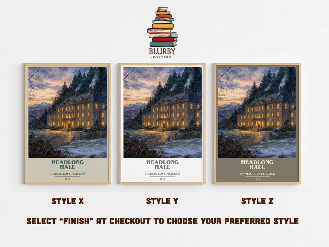 Headlong Hall book cover print in frame leaning in hallway – satire wall art (mockup)