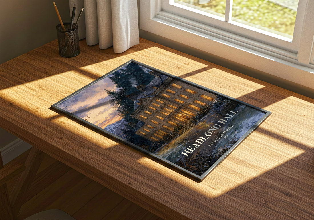 Headlong Hall watercolour book poster framed on wall – satire wall art