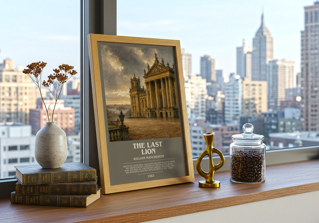The Last Lion Bookish Wall Art by William Manchester – framed print on a city-view windowsill