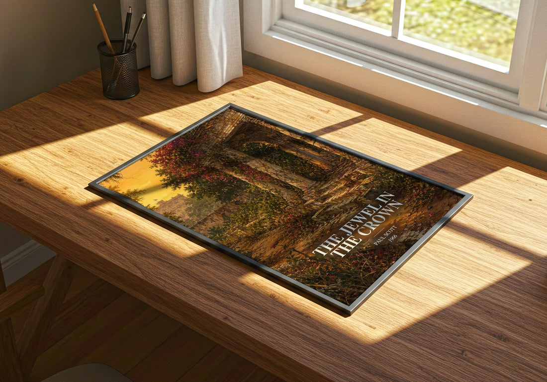 The Jewel In The Crown watercolour book poster framed on wall – historical fiction wall art