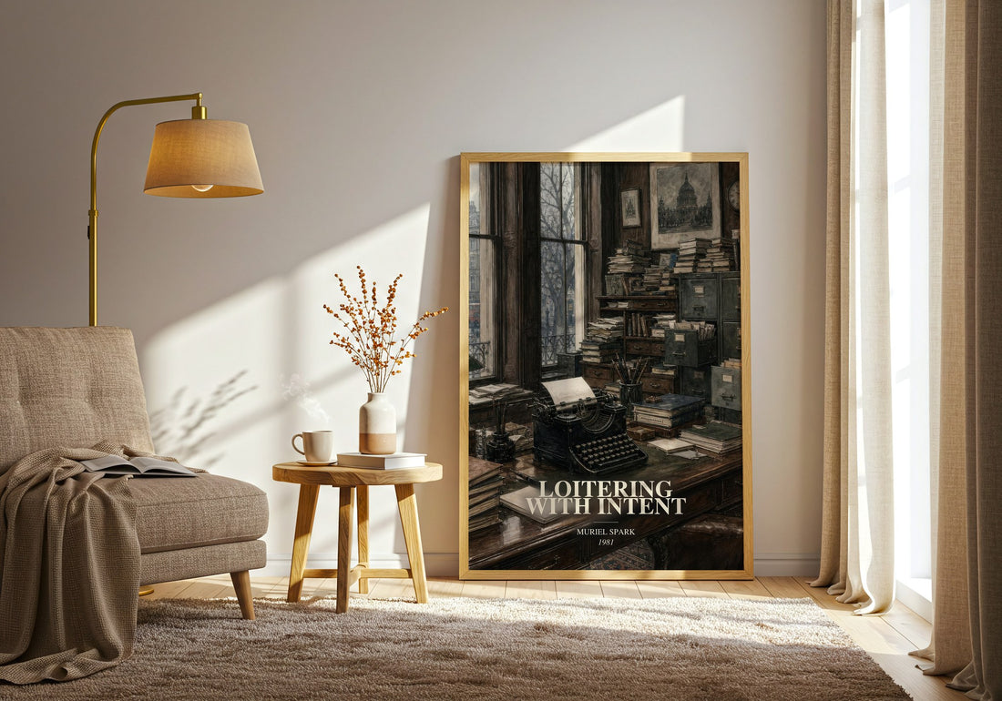 Loitering With Intent watercolour print in frame leaning in hallway – literary fiction wall art