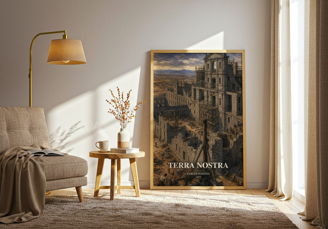 Terra Nostra watercolour print in frame leaning in hallway – literary fiction wall art