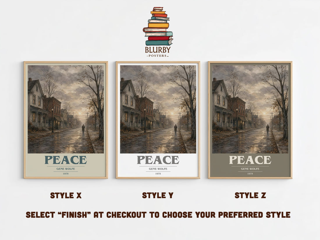 Peace book cover print in frame leaning in hallway – literary fiction wall art (mockup)
