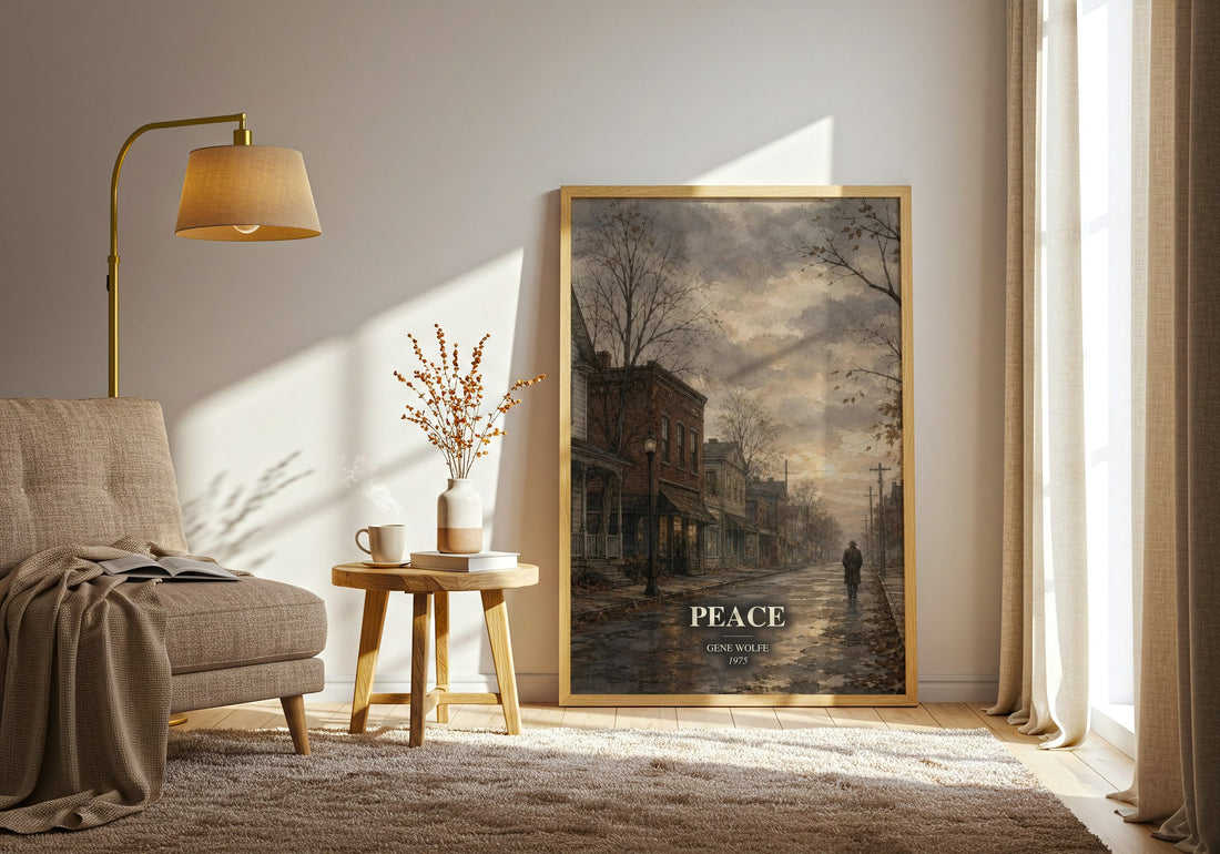 Peace watercolour print in frame leaning in hallway – literary fiction wall art