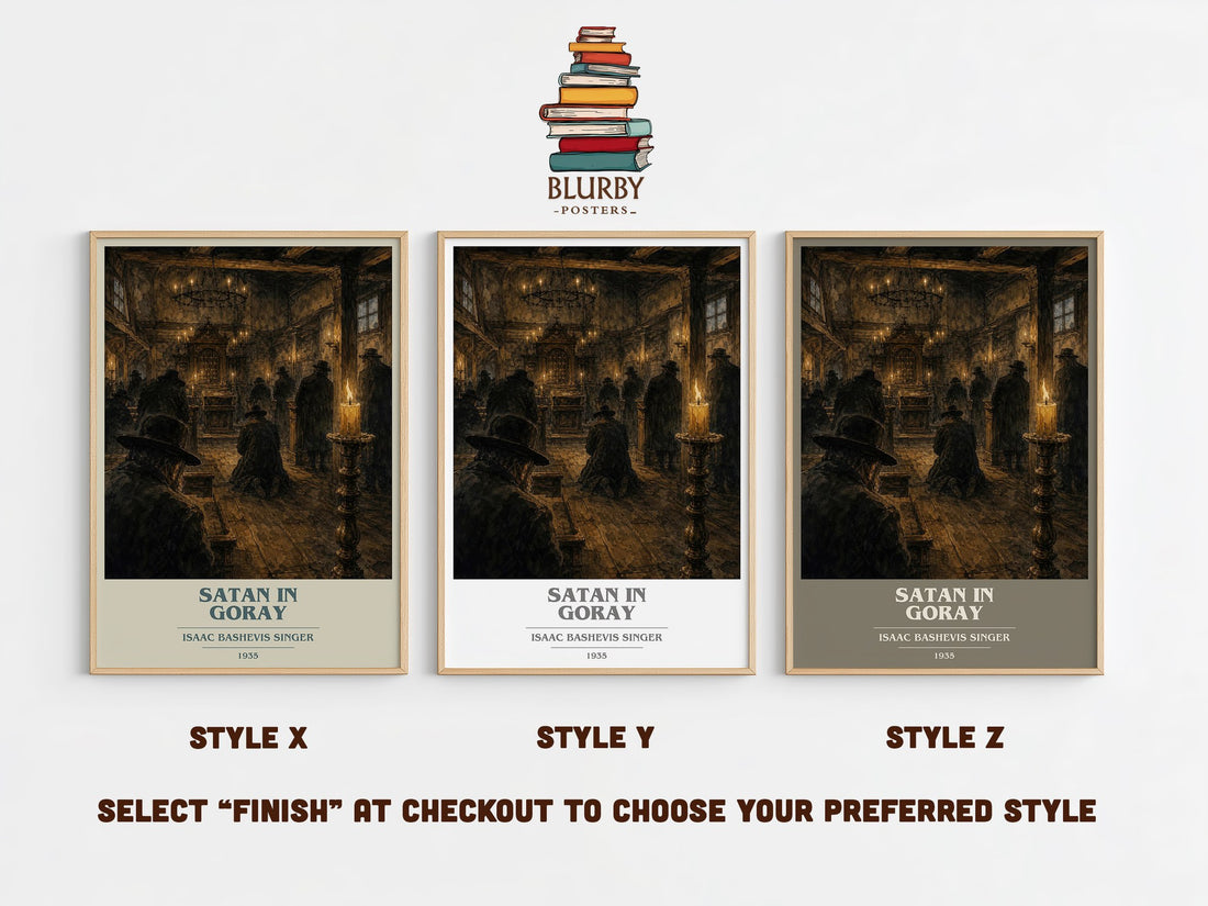 Satan In Goray book cover print in frame leaning in hallway – historical fiction wall art (mockup)