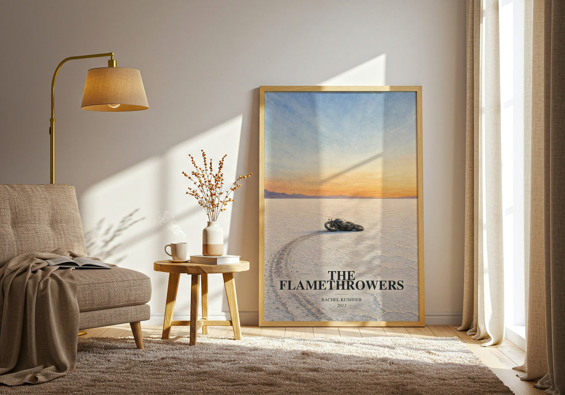 The Flamethrowers watercolour print in frame leaning in hallway – contemporary fiction wall art