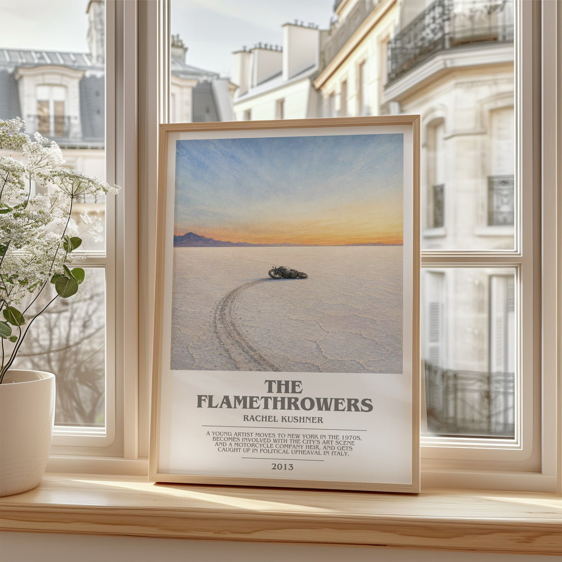 The Flamethrowers Bookish Wall Art by Rachel Kushner – framed print by a bright window