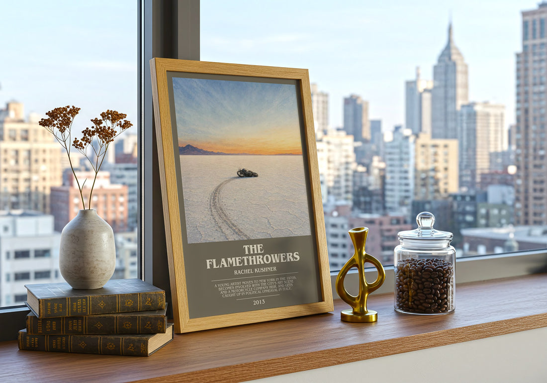 The Flamethrowers Bookish Wall Art by Rachel Kushner – framed print on a city-view windowsill