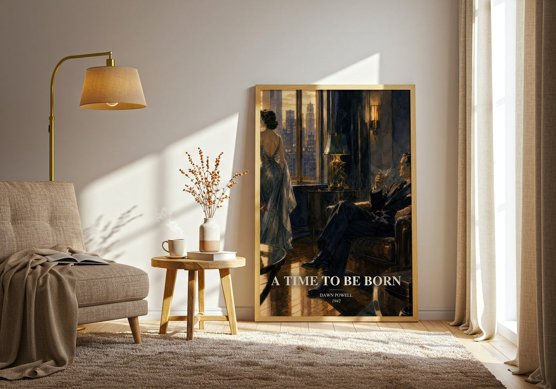 A Time To Be Born watercolour print in frame leaning in hallway – satire wall art