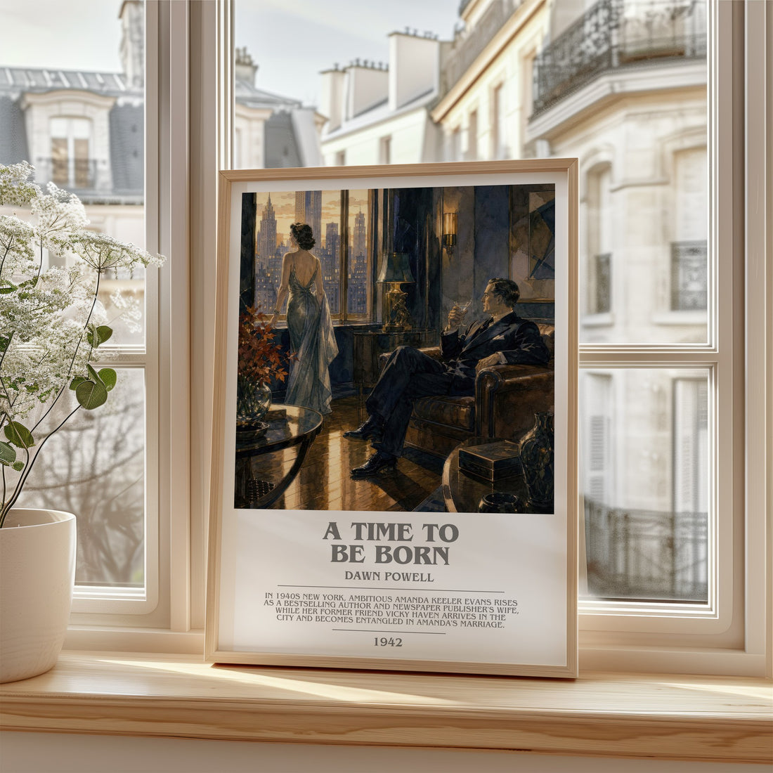 A Time To Be Born Bookish Wall Art by Dawn Powell – framed print by a bright window